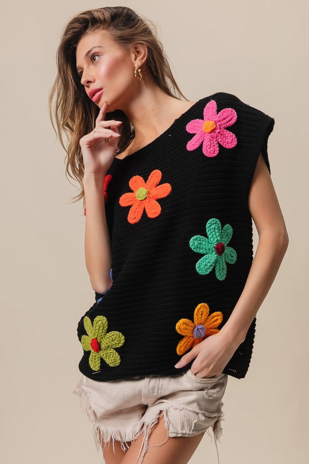 BiBi Flower Round Neck Cap Sleeve Knit Top