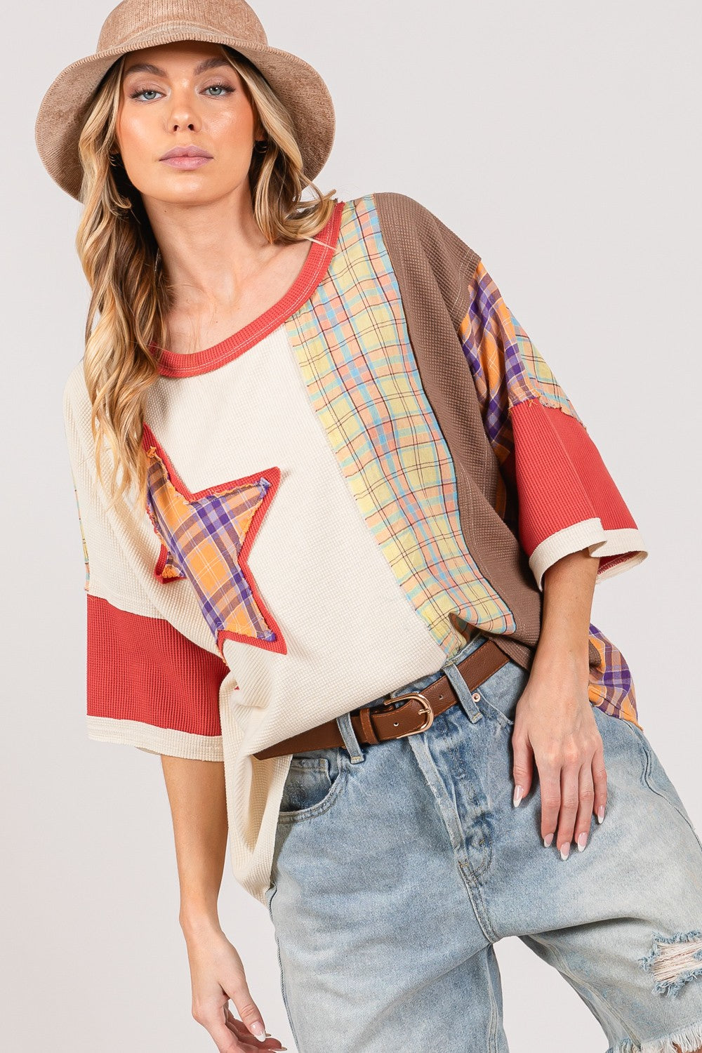 SAGE + FIG Round Neck Plaid Star Patch T-Shirt