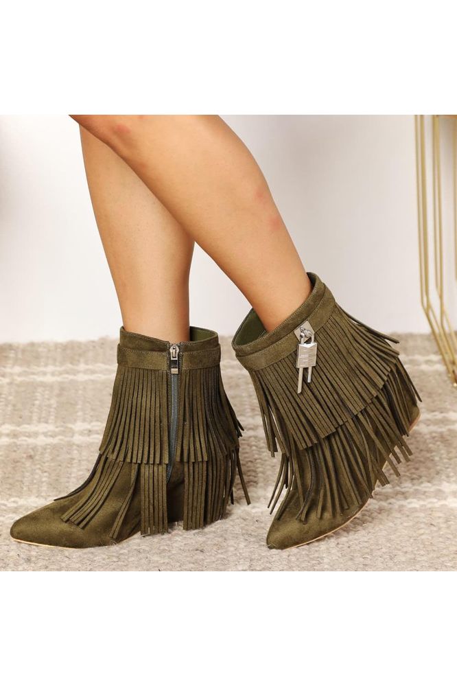 Legend Women's Tassel Wedge Heel Ankle Booties