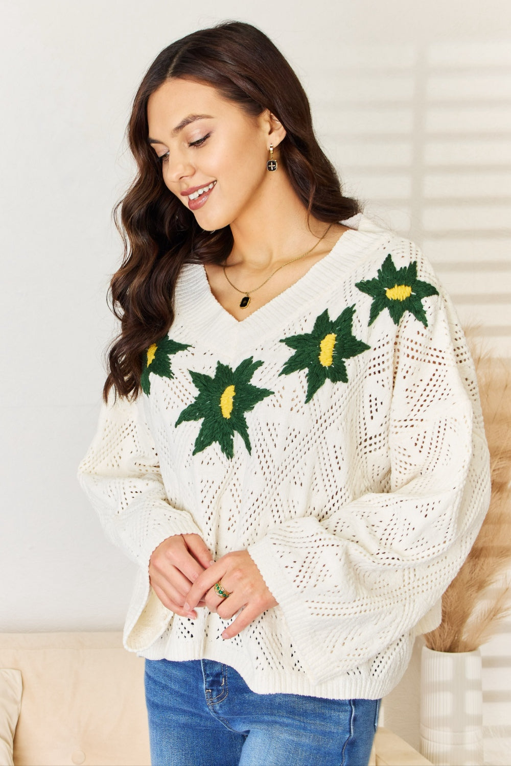 POL Floral Embroidered Pattern V-Neck Sweater