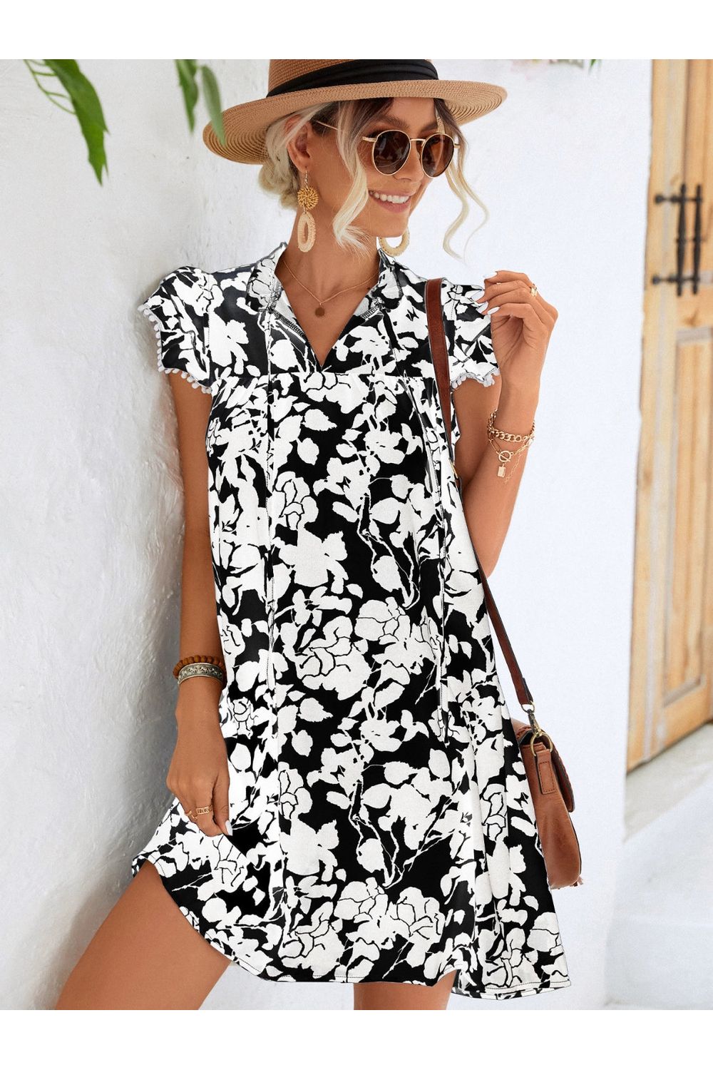 Floral Tie Neck Butterfly Sleeve Dress