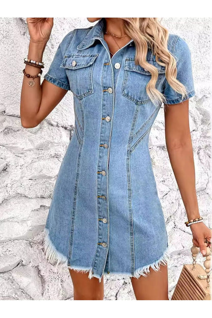 Raw Hem Button Up Short Sleeve Denim Dress