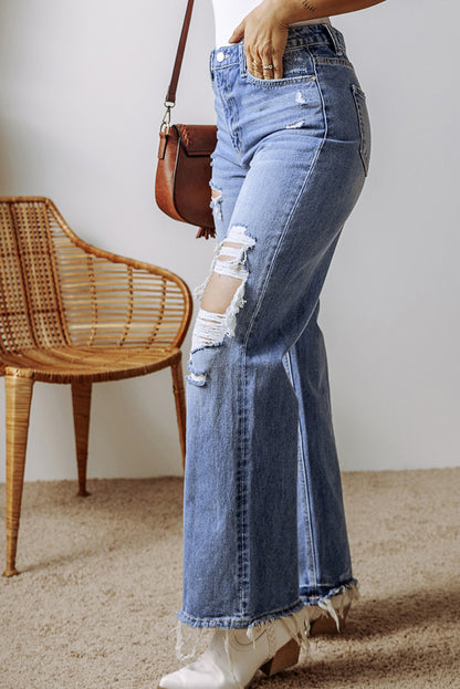 Distressed Straight Leg Jeans with Pockets