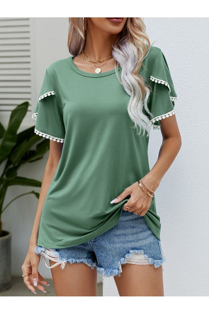 Pom-Pom Trim Flutter Sleeve Round Neck T-Shirt