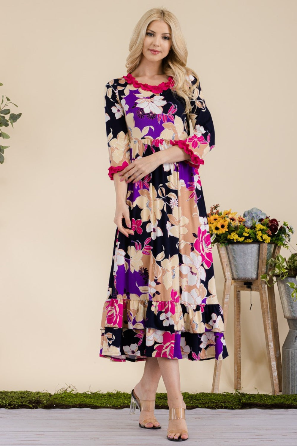 Celeste Full Size Floral Ruffled Midi Dress