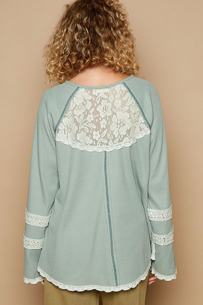 POL Round Neck Long Sleeve Lace Trim Thermal Top