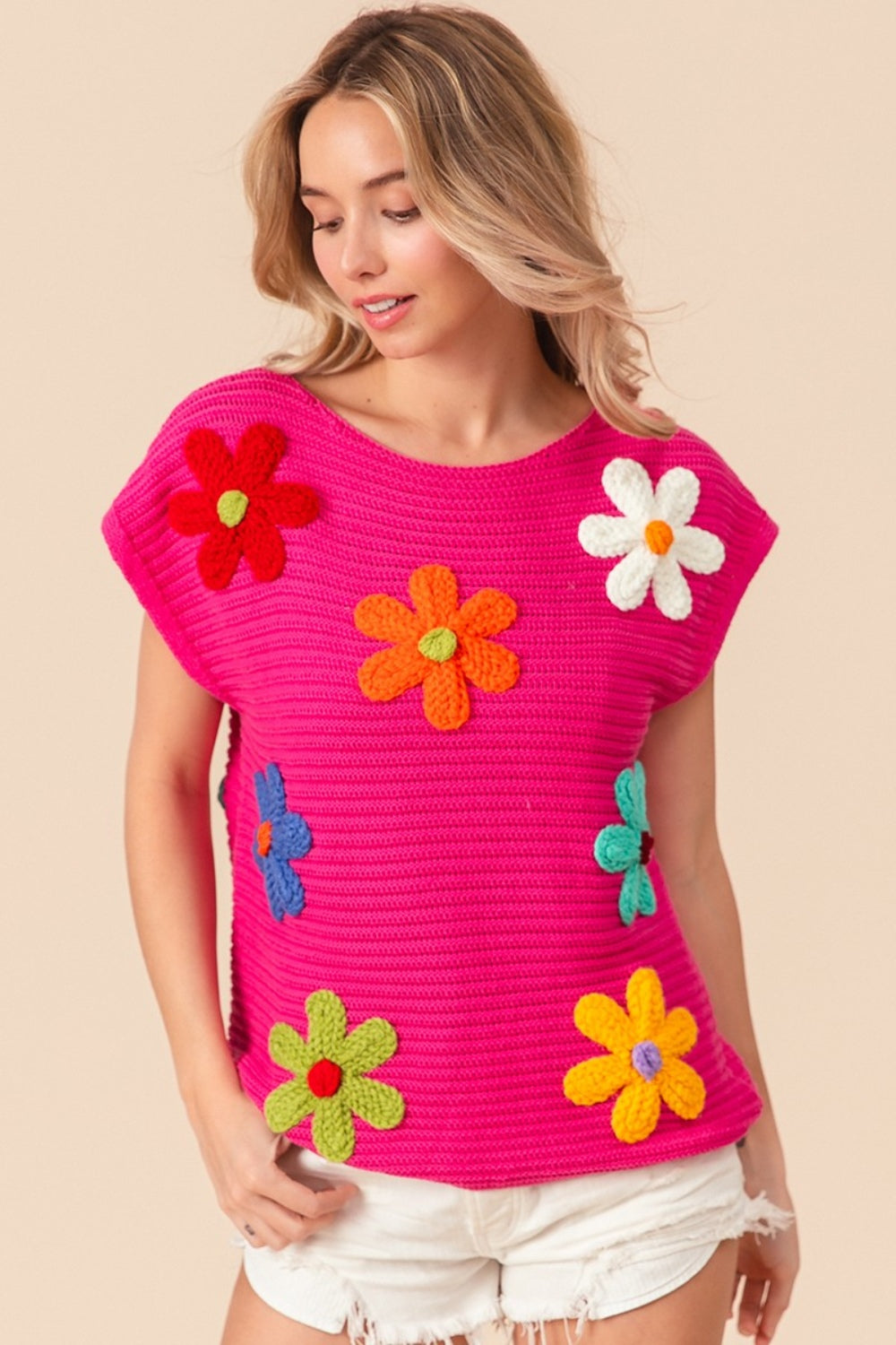 BiBi Flower Round Neck Cap Sleeve Knit Top