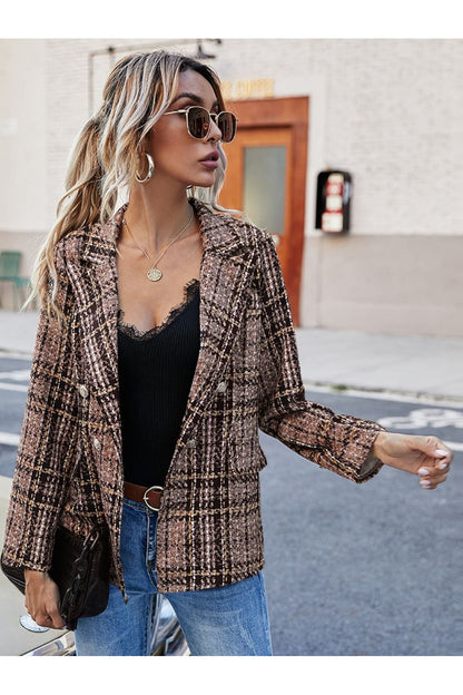 Full Size Plaid Lapel Collar Blazer