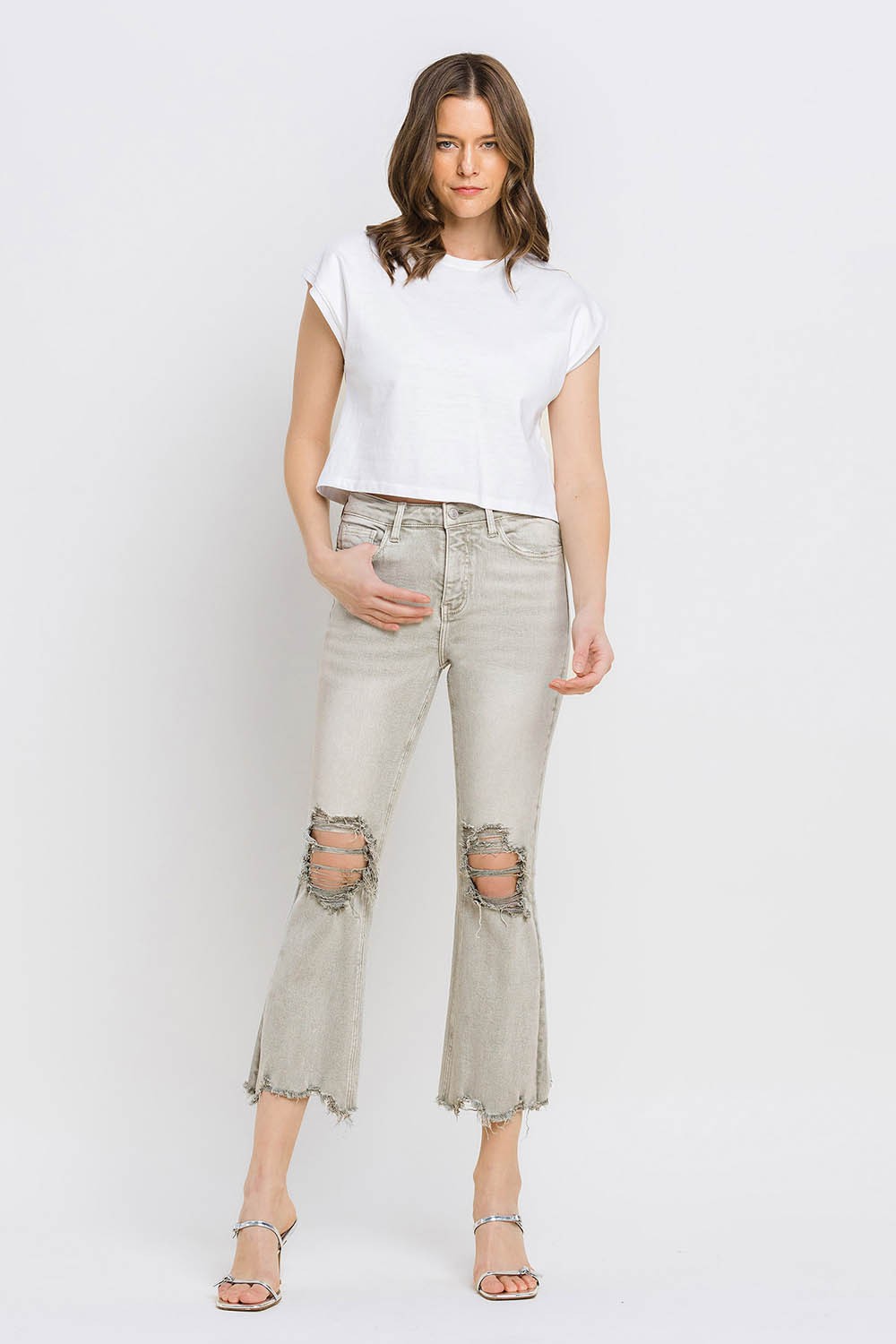 Lovervet Distressed Raw Hem Cropped Flare Jeans