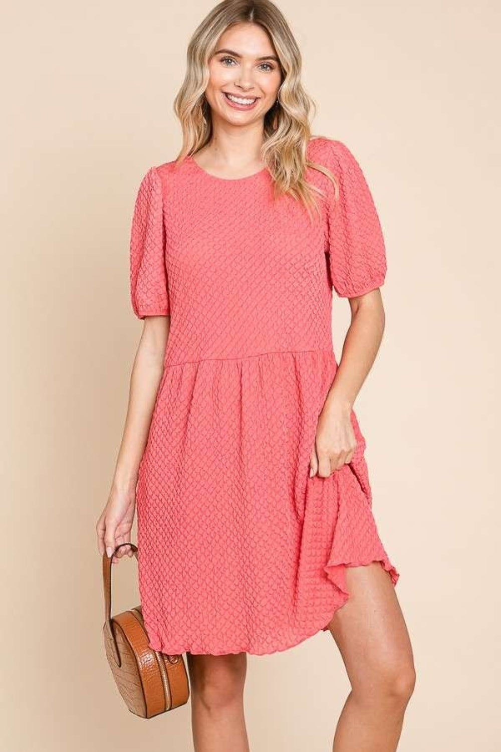 Culture Code Full Size Textured Round Neck Puff Sleeve Dress