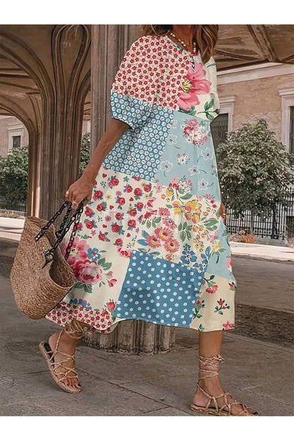 Patchwork Printed Round Neck Midi Dress