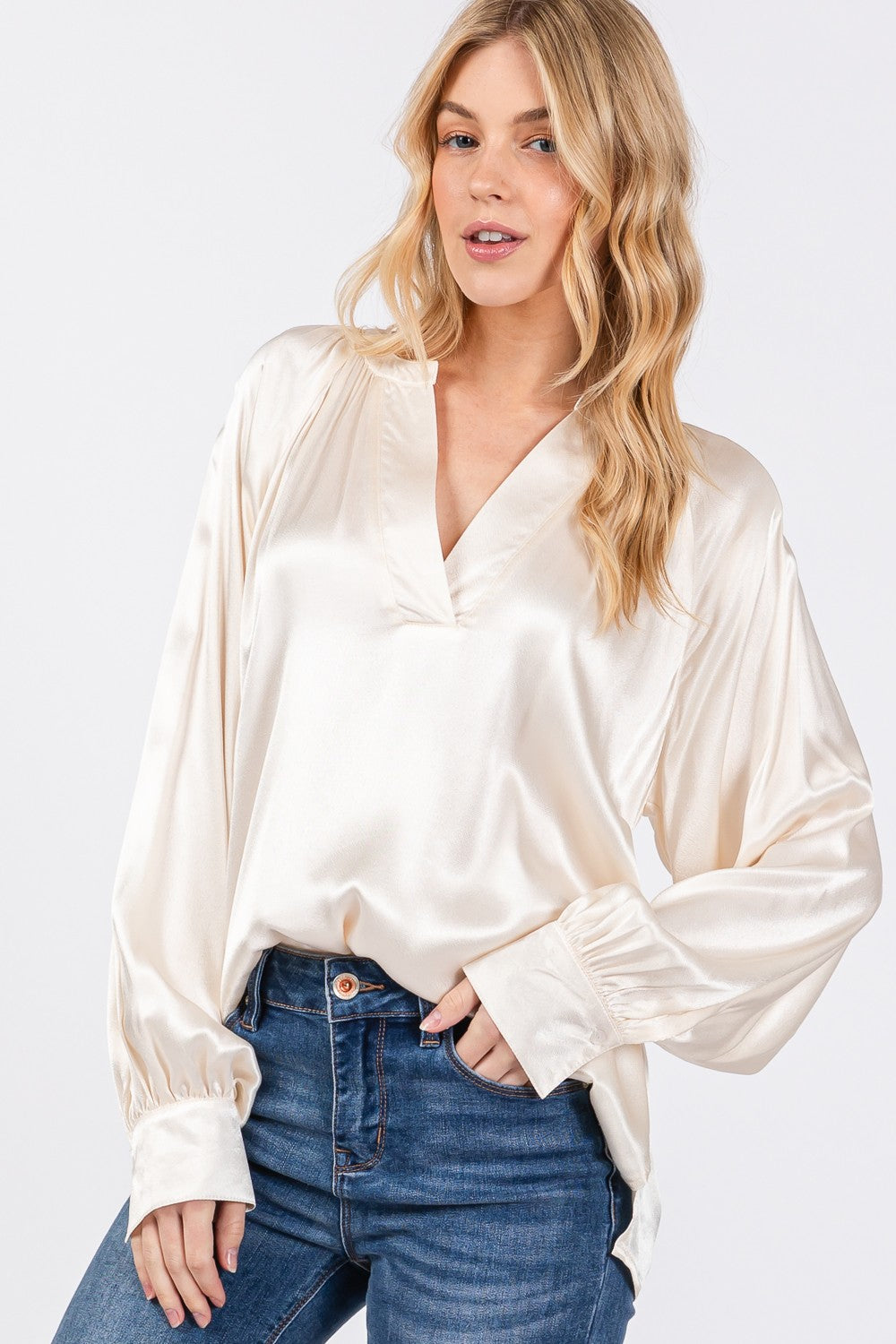 SAGE + FIG Notched Long Sleeve Blouse